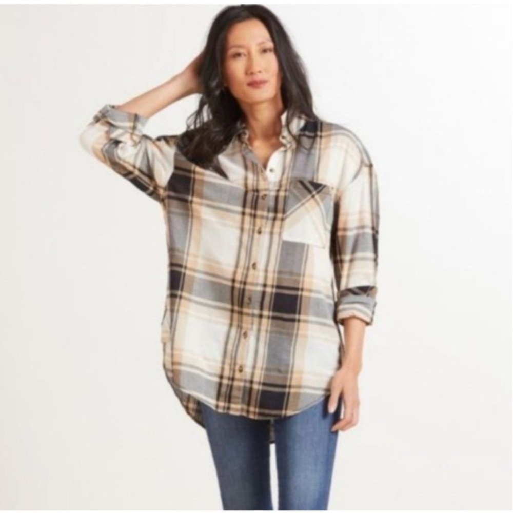 Sanctuary Boyfriend Black Tan Plaid High Low Button Front Shirt Tunic Top S